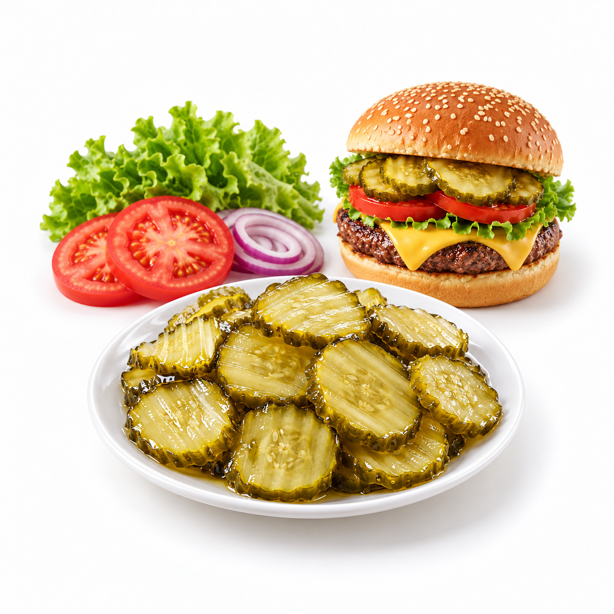 Glossy Pickles with Classic Cheeseburger Ingredients
