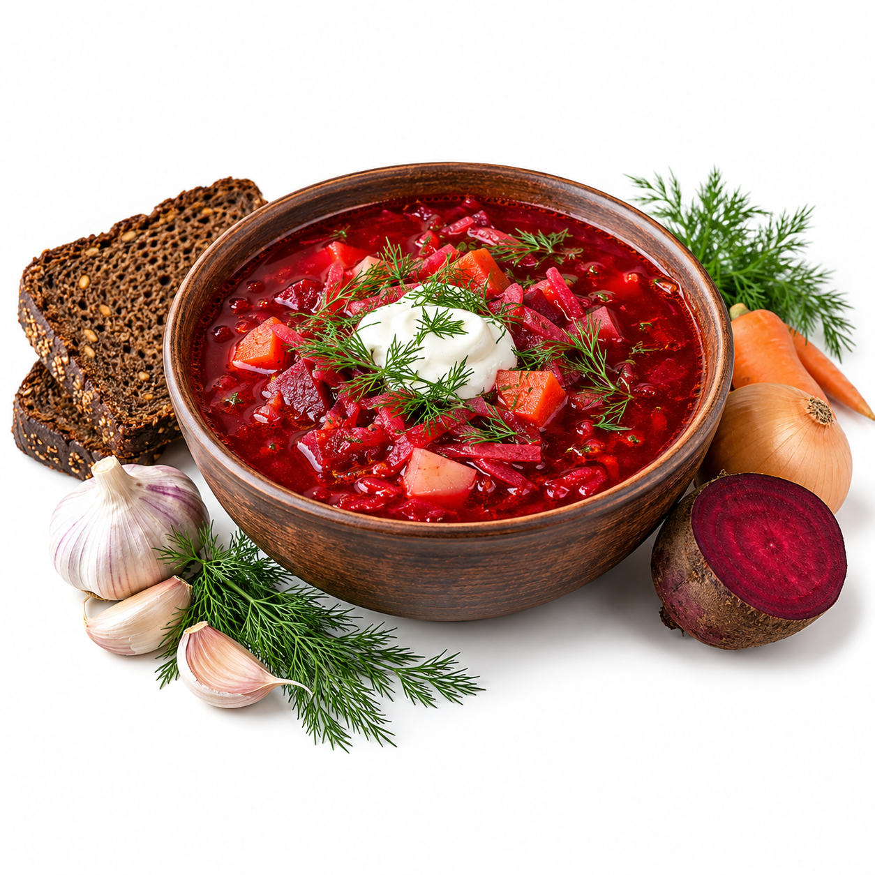 Rustic Borscht Still Life with Fresh Garnishes